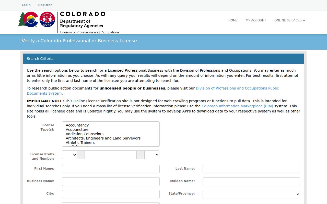Parker residents directory reference to the Colorado DORA professional license lookup