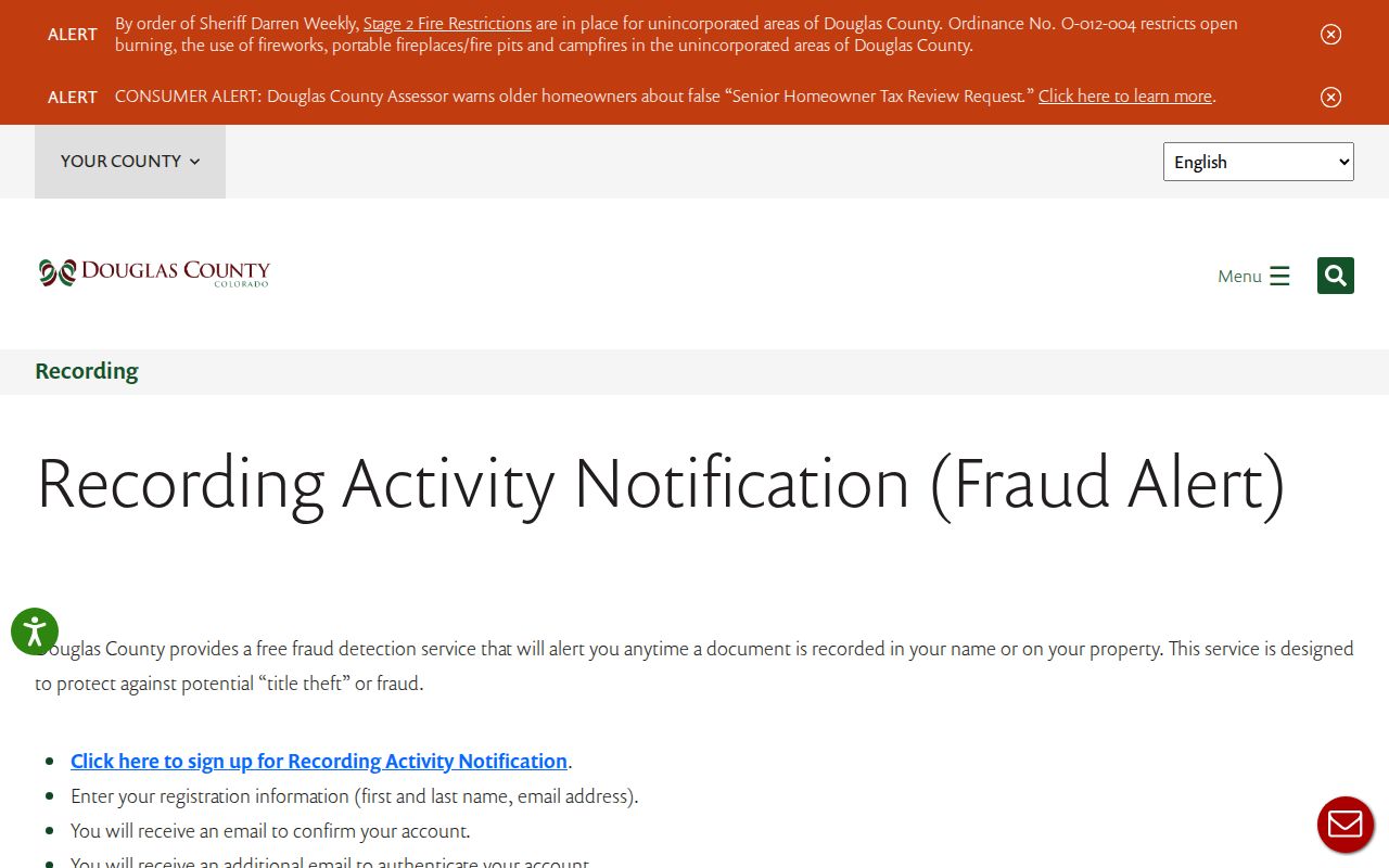 Parker previous residents property record alert through Douglas County notification service